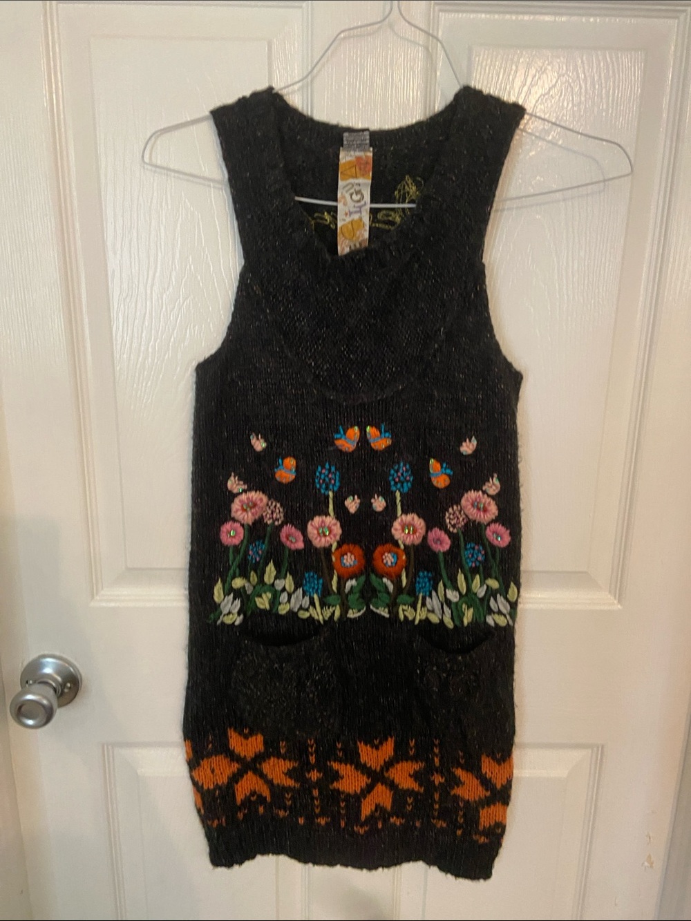 Girls Black Knit Floral Pocket Dress